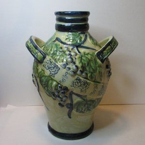 Vintage majolica glazed pottery vase with handle grape design home decor